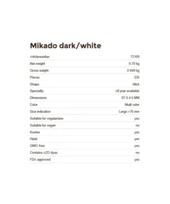 Informazioni tecniche delle Decorazioni di cioccolato per torte, mikado dark/white, 335 pezzi