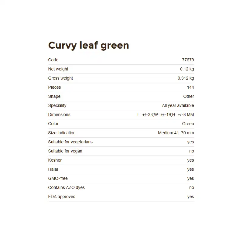 Informazioni tecniche della decorazione Curvy leaf green, 144 pezzi