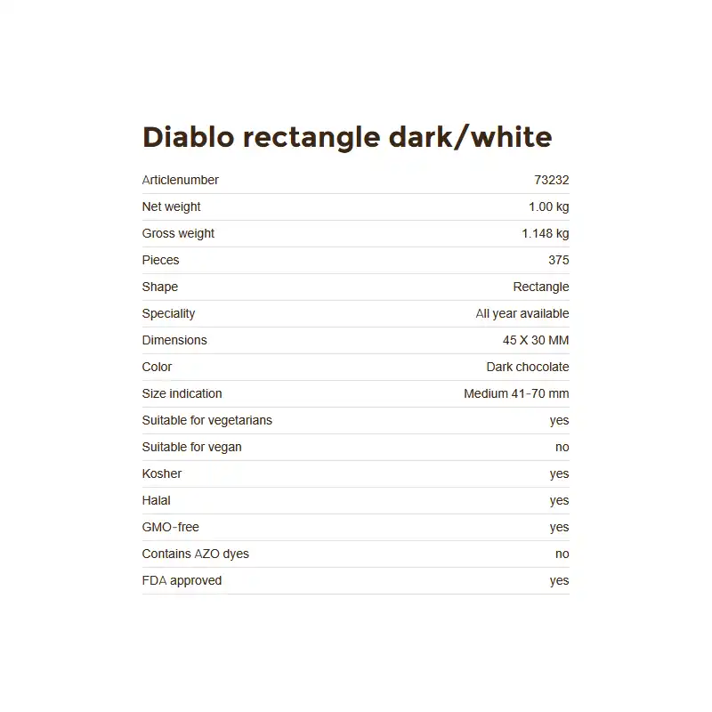 Decorazione in cioccolato Diablo triangle dark/white, 375 pezzi, informazioni tecniche