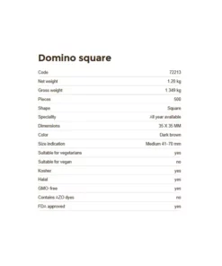 Informazioni tecniche della Decorazione in cioccolato puro, domino square, 500 pezzi