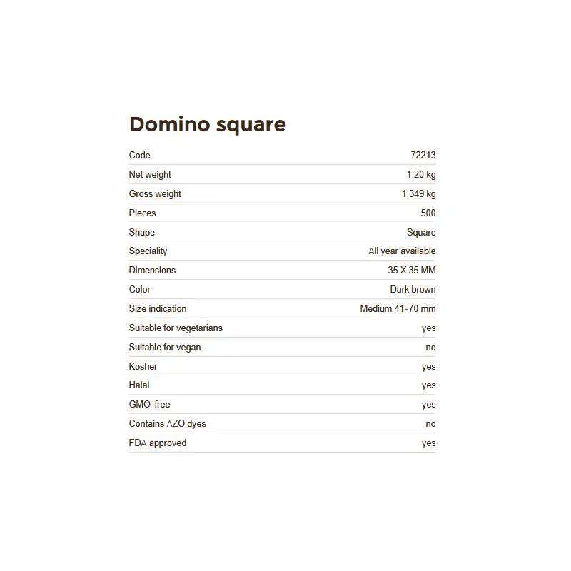 Informazioni tecniche della Decorazione in cioccolato puro, domino square, 500 pezzi