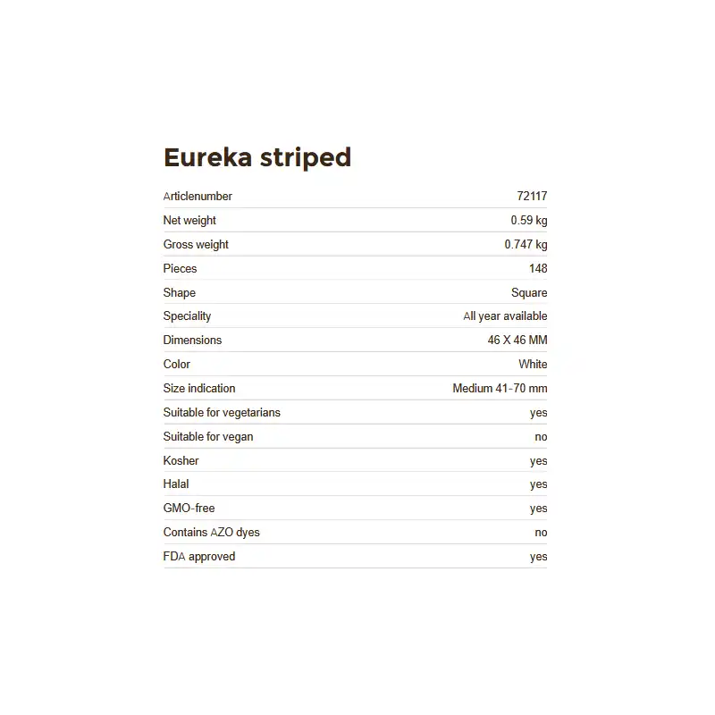 Informazioni tecniche della Decorazione in cioccolato puro a strisce bianche e nere, a forma di quadrato. 148 Pezzi