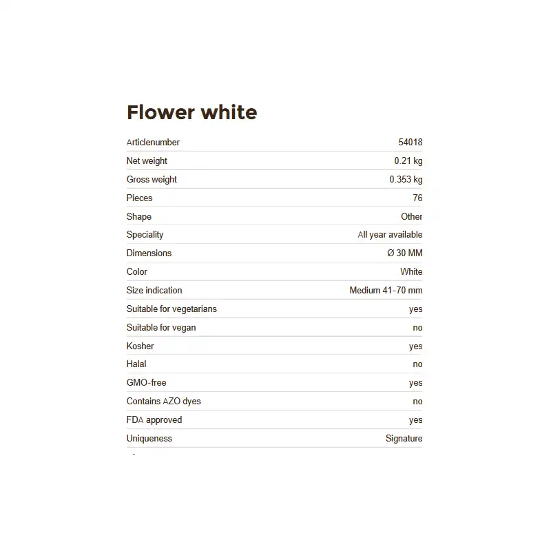 Informazioni tecniche della Decorazione in cioccolato flower white, 76 pezzi