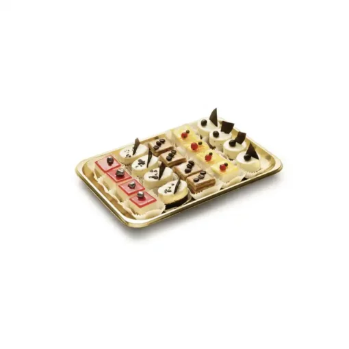 Vassoio oro rettangolare contenente dolcetti di pasticceria mignon