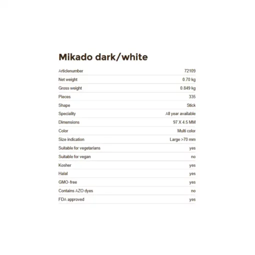 Informazioni tecniche delle Decorazioni di cioccolato per torte, mikado dark/white, 335 pezzi