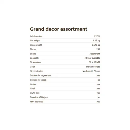 informazioni tecniche delle Decorazioni in cioccolato per torte, gran decor assortment, 260 pezzi